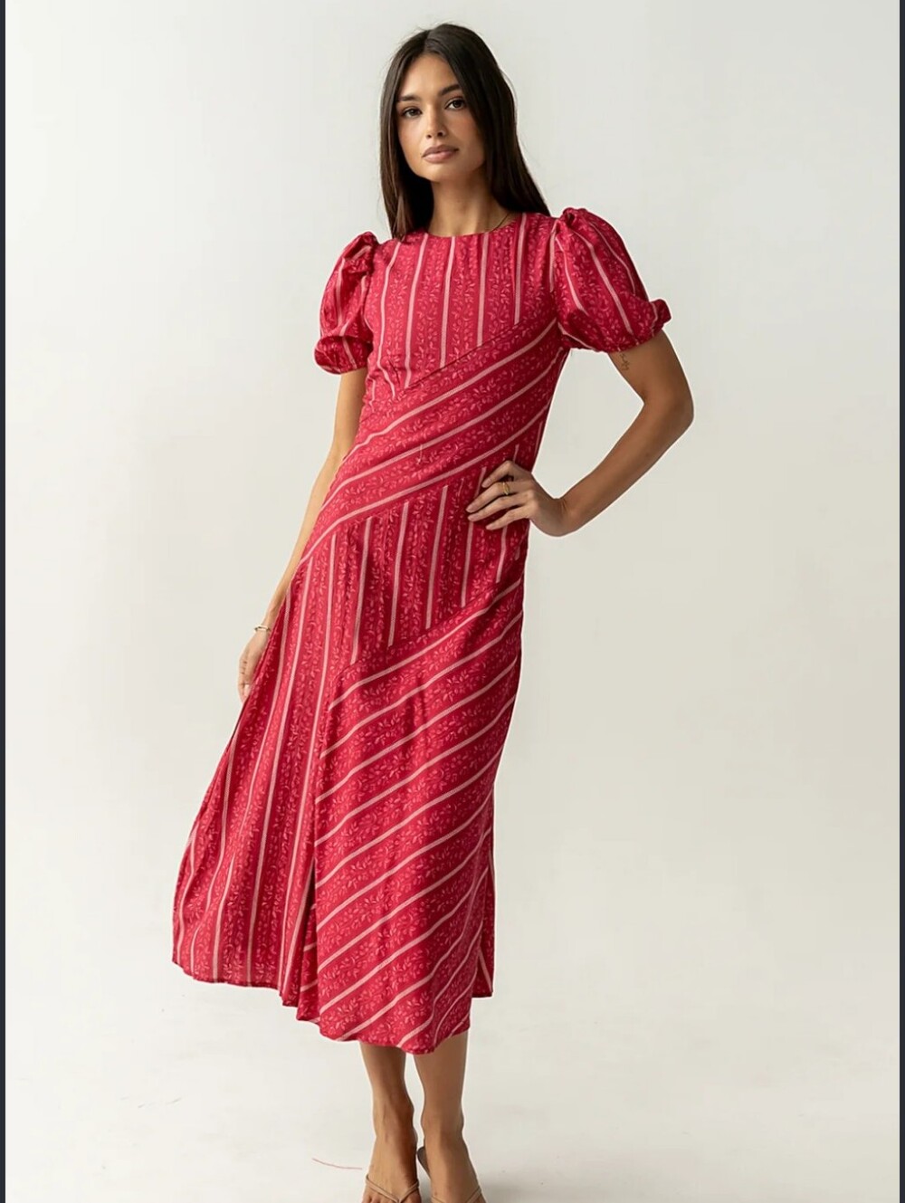 Bohme Dress Size M Red White Midi Flowy Zipper At Back Puff Sleeves Cottagecore